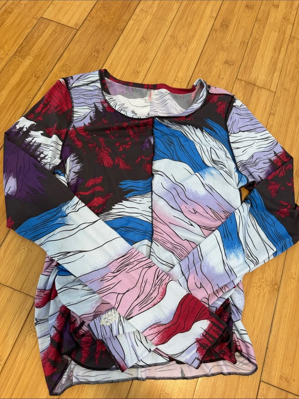 Free People Long-Sleeve Abstract Wave Print Tee in Blue, Pink & Red